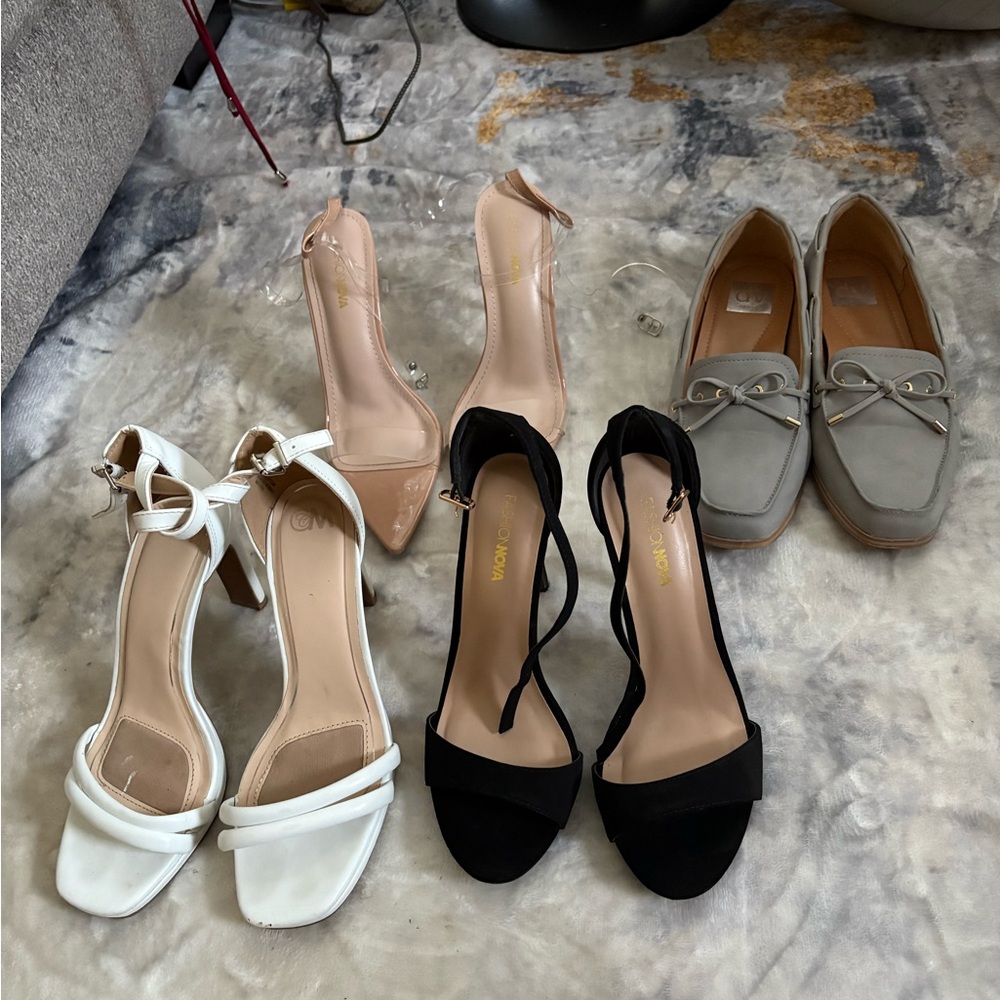 Fashion Nova Black and White Heels with Gray Loafers
